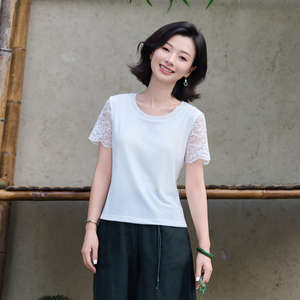 蕾丝拼接袖口圆领正肩短袖T恤女