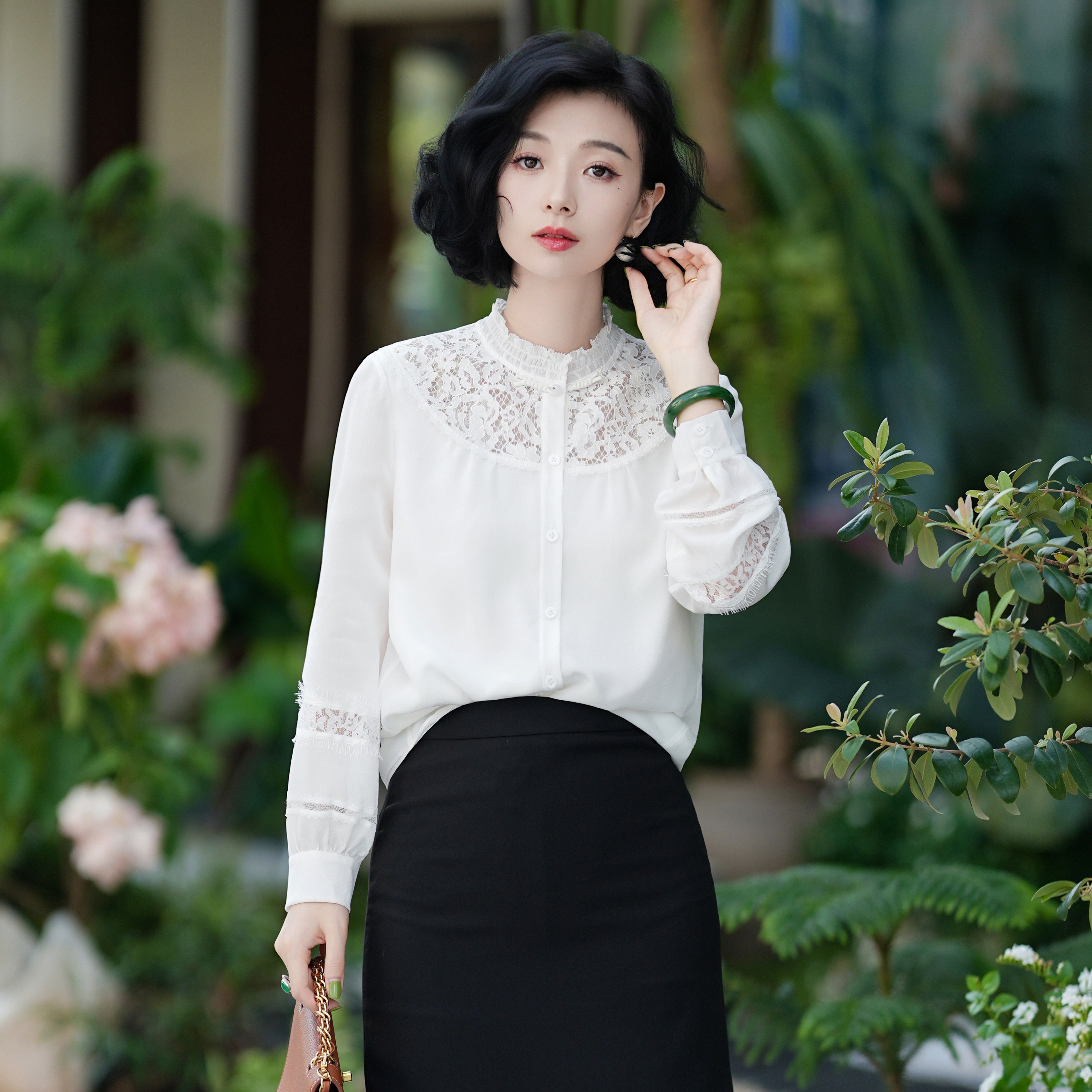 西子/【月笼白纱】高级桑蚕丝拼接蕾丝白色上衣衬衫女装/SYYF168