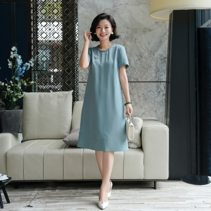 重磅醋酸圆领宽松腰短袖连衣裙女图片