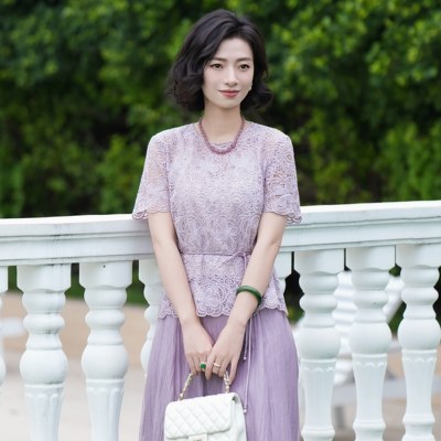 刺绣蕾丝系带收腰显瘦短袖上衣女