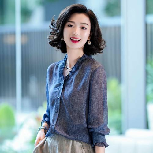 经典木耳边立领正肩牛仔感衬衫女
