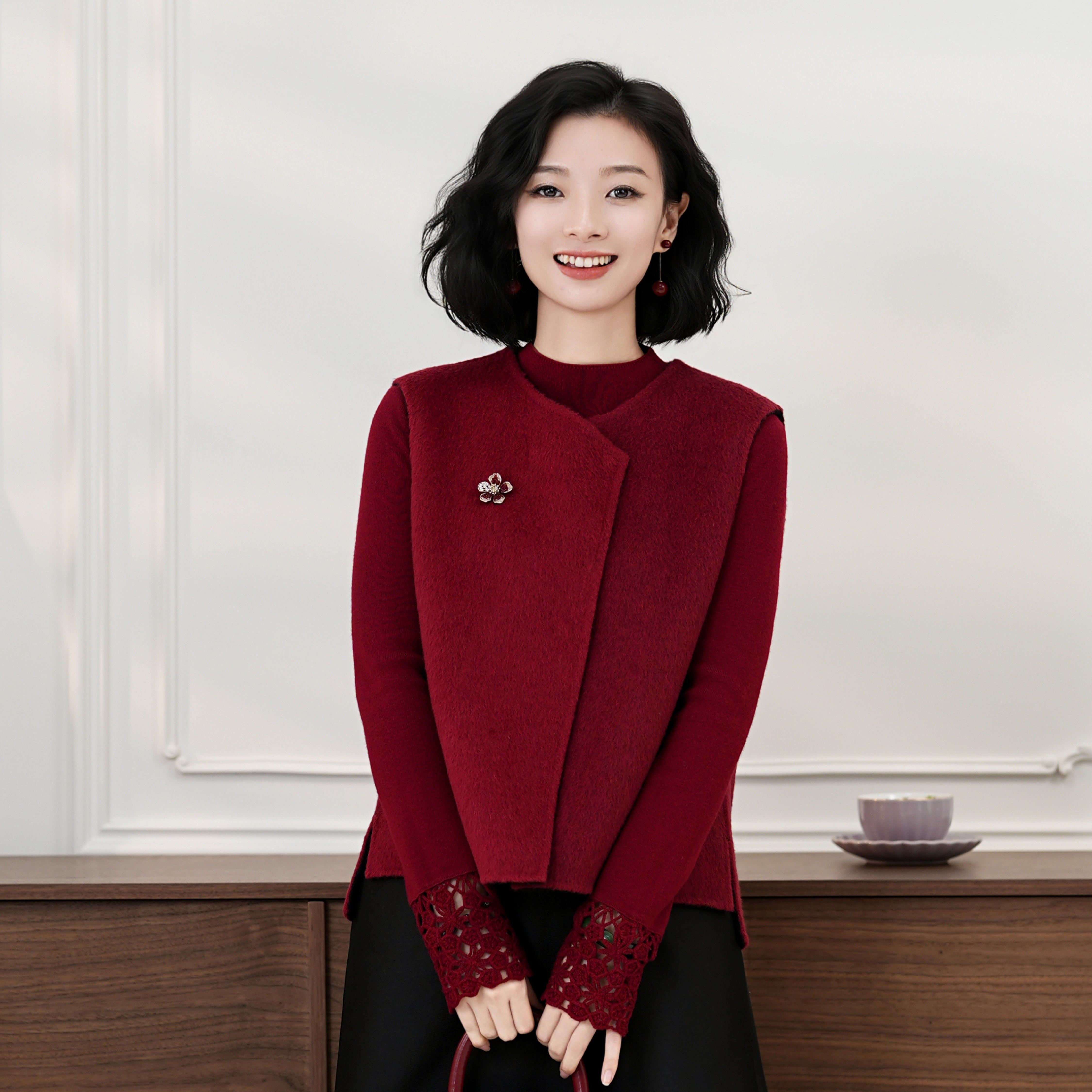 西子/【云绒】异色羊毛双面穿斜襟紫杏色马甲/MJTJ377