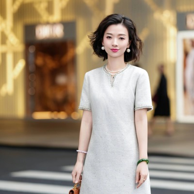 桑蚕丝羊毛混纺V领小香风连衣裙