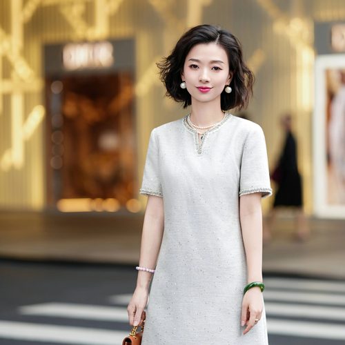 桑蚕丝羊毛混纺V领小香风连衣裙
