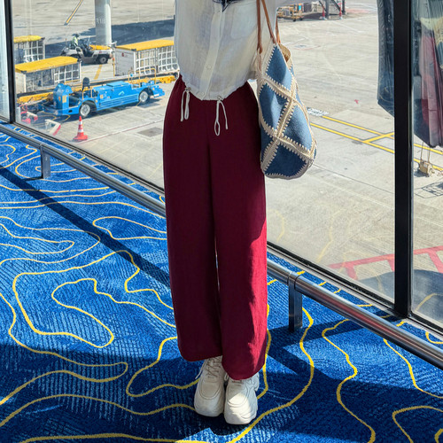 莱赛尔亚麻松紧高腰垂顺直筒裤女