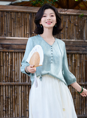 西子/【马蹄莲】18姆米桑蚕丝非遗花萝缎面提花薄款上衣/SYTJ1370