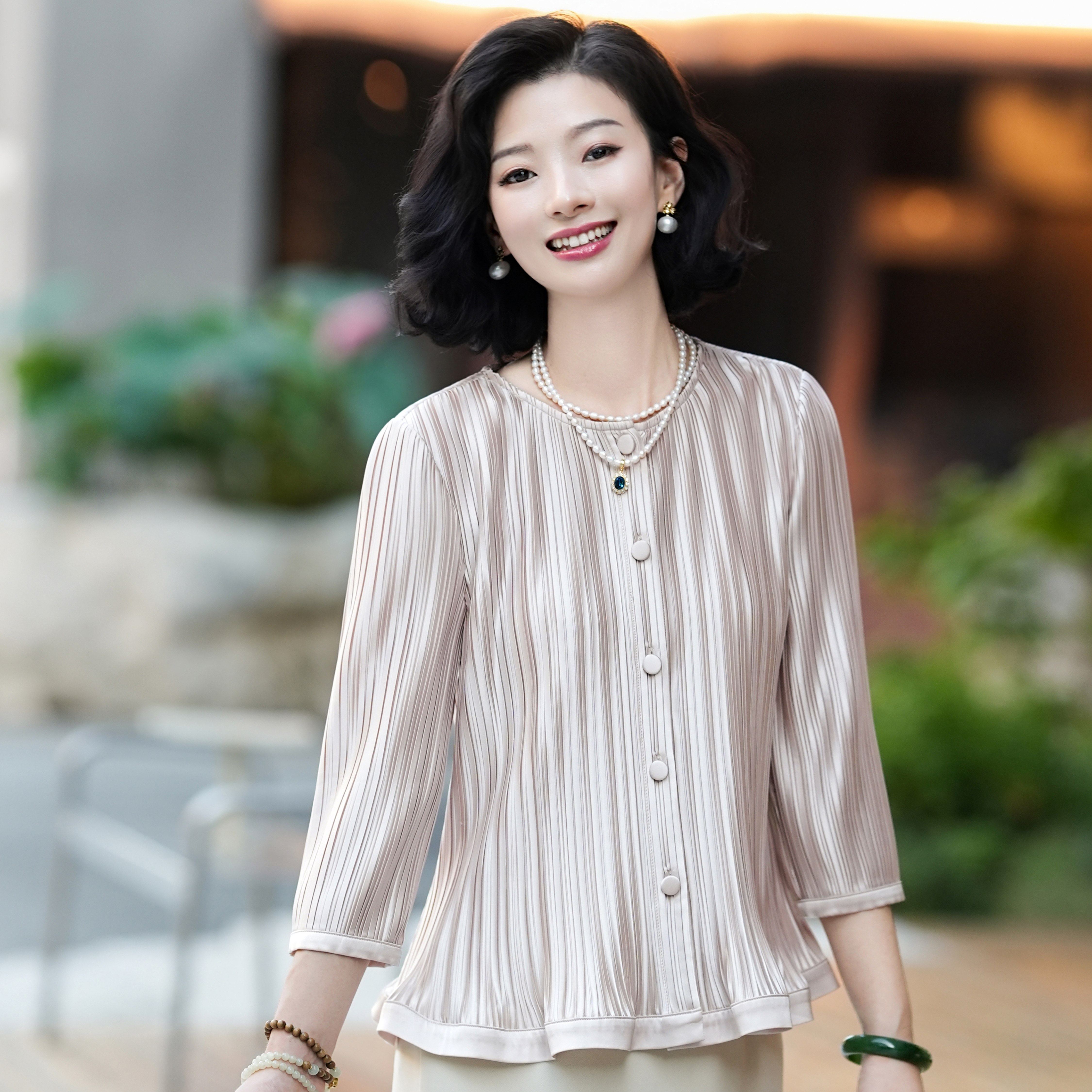 西子/【柔风】法式压褶腰带收腰通勤气质香槟粉衬衫女装/CSZY289