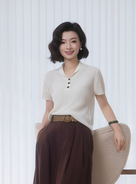 莱赛尔亚麻通勤短袖翻领针织衫女