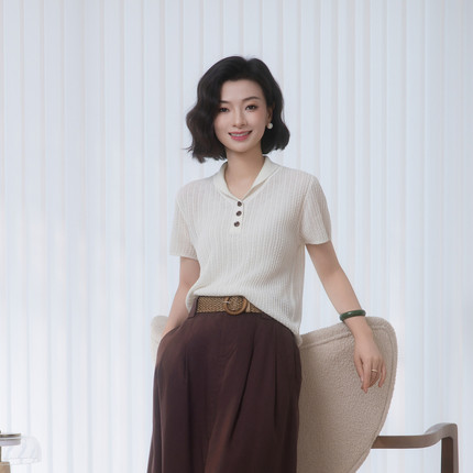 西子/【青果POLO】莱赛尔亚麻通勤薄款短袖翻领针织衫女/MSYF0827