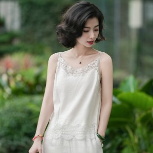 西子/【小欢喜】亚麻镂空蕾丝小花简约白色内搭吊带背心/DDBH1159