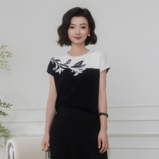 西子/【咏玉兰】37支凉感曲珠撞色木兰提花短袖针织T恤/MSYF0828