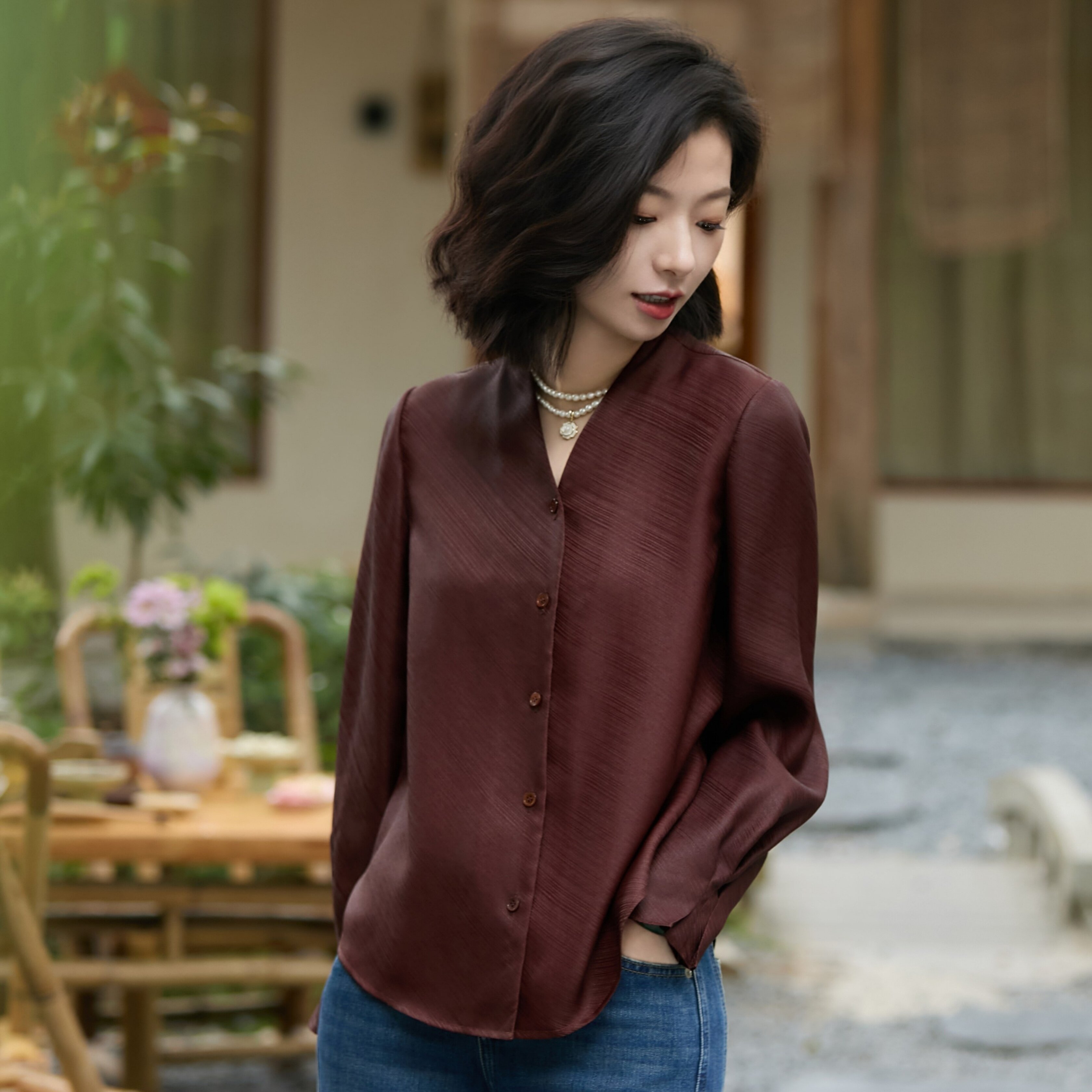 西子/【落霞】26姆米桑蚕丝桑波缎非遗红云纱斜纹衬衣女/CSTJ1059
