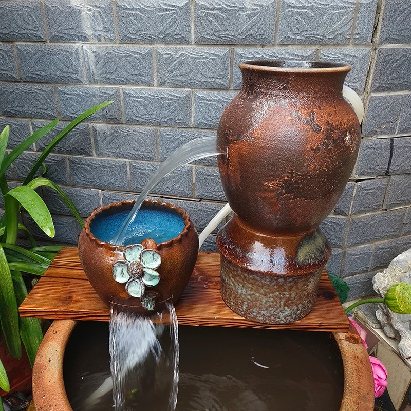 古法鱼缸庭院生态缸瀑布流水陶罐循环流水造景冲氧过滤摆件包邮