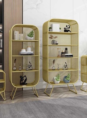 轻奢客厅铁艺书架展示架金属落地小书柜卧室飘窗柜网格储物置物架