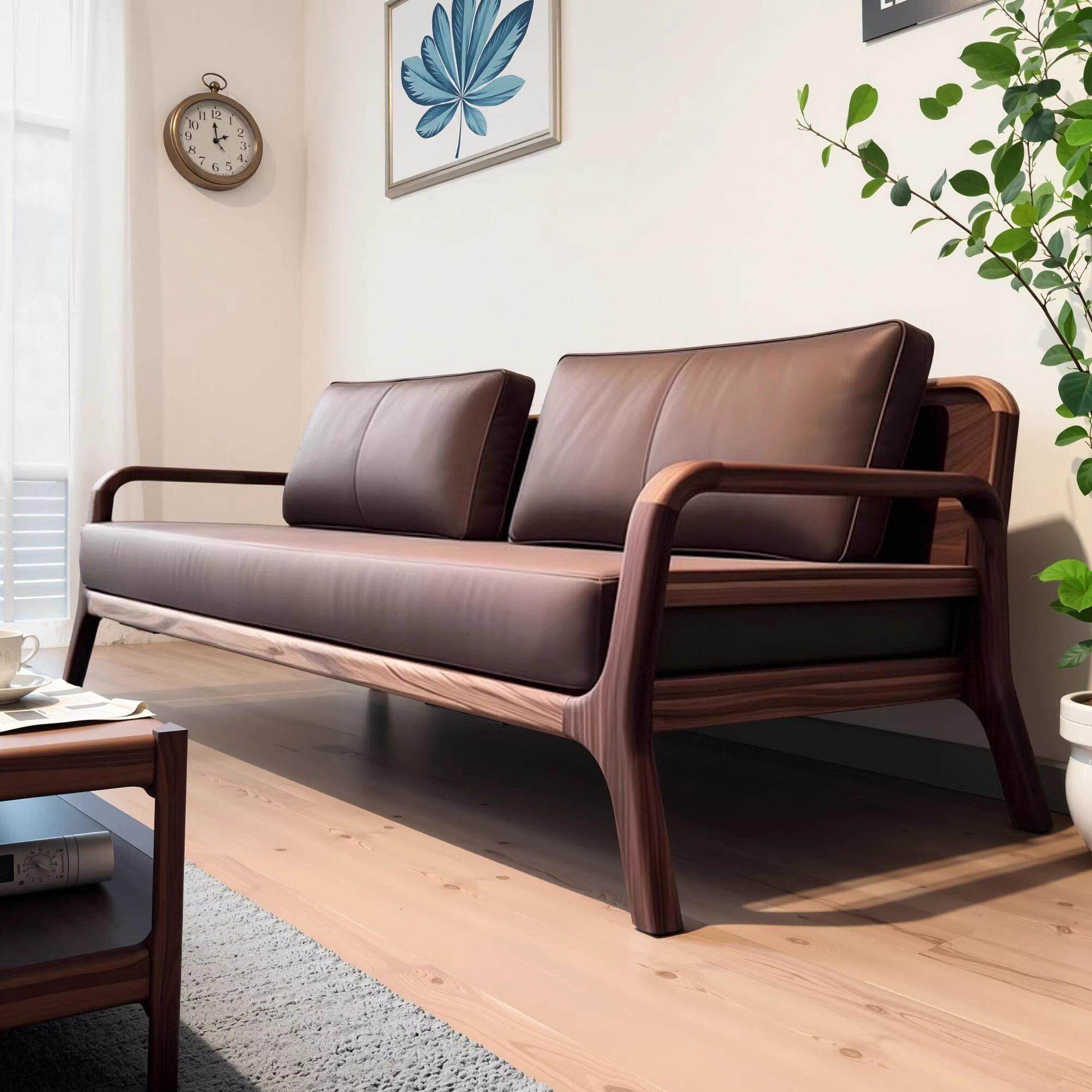 极简新中式黑胡桃木沙发别墅客厅轻奢宋式真皮三四人位沙发高级感