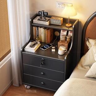 实木床头柜带轮可移动客厅边柜卧室家用床边置物架小型带锁收纳柜