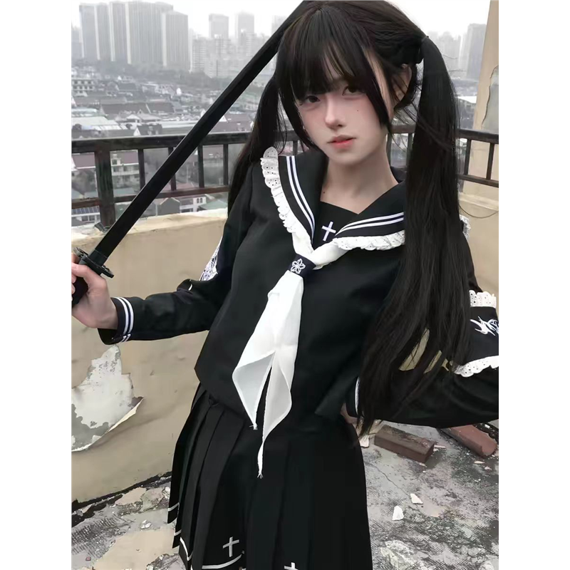 新款JK[圣裁者]日系暗黑不良刺绣水手服百褶裙春夏季长袖百搭套装