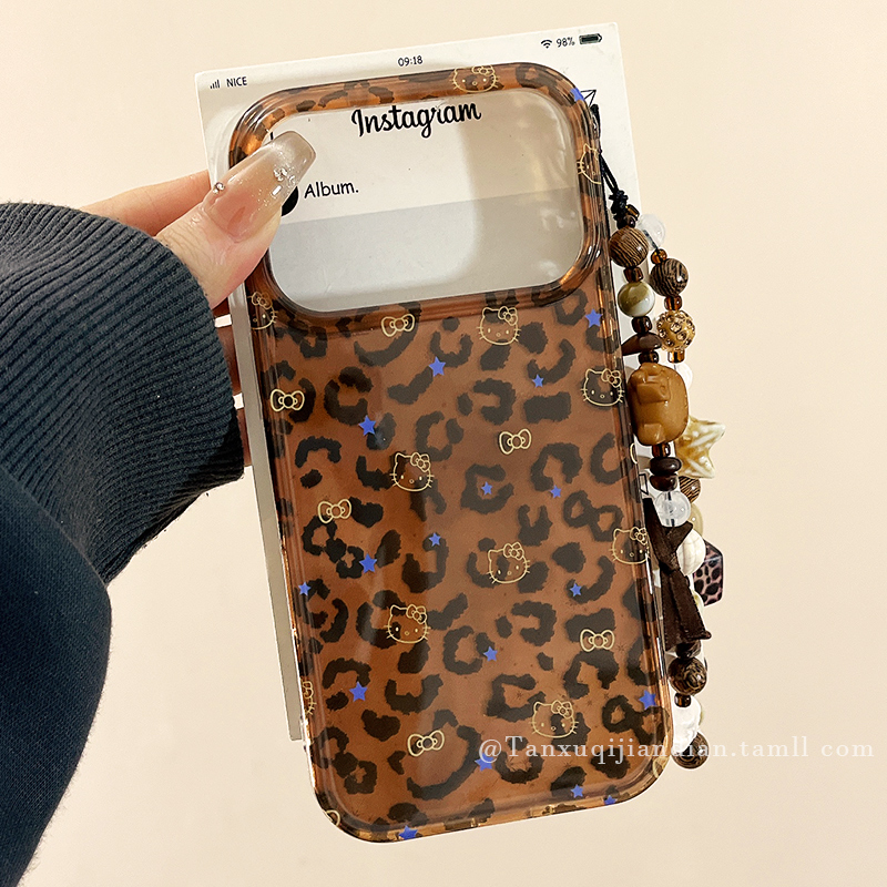 甜酷辣妹豹纹HelloKitty适用苹果17promax手机壳iPhone16Pro新款15带链条14pro防摔15p小众女13创意17Pro全包