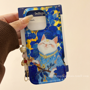 新中式招财猫咪适用苹果16promax手机壳带挂件iphone15新款13小众16pro喜庆14pro女款15pro新年款全包16防摔