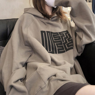 复古加绒卫衣女字母秋冬季 学生印花连帽宽松外套上衣 新款 韩版