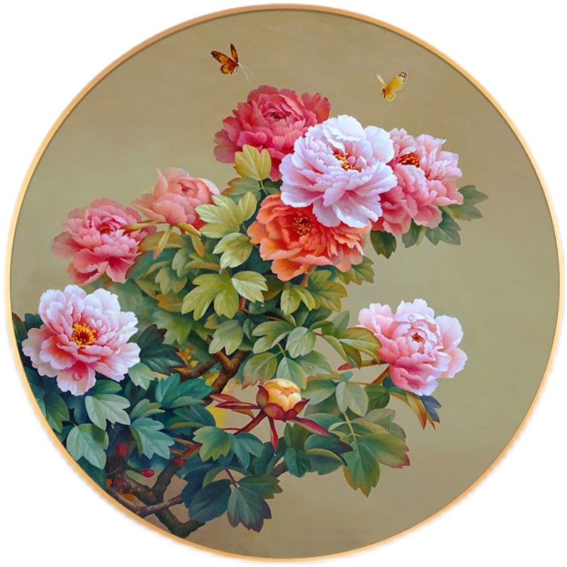 手绘轻奢花开富贵牡丹简约玄关圆形客厅花卉走廊油画餐厅装饰定做