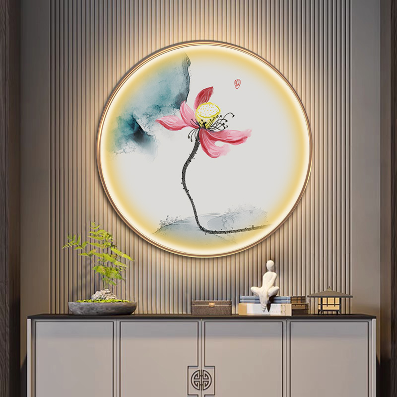 荷花挂画新中式莲花圆形壁画客厅餐厅入户玄关装饰画发光带灯墙画图片