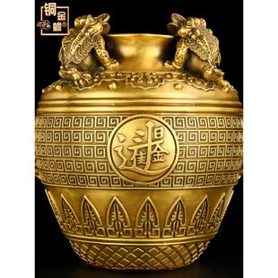 铜聚宝盆四方招财摆件金蟾黄铜米缸日进斗金坛子钱罐家居摆放财位
