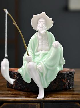 姜太公钓鱼摆件陶瓷老头钓鱼翁假山鱼缸流水器盆景造景微景观配件