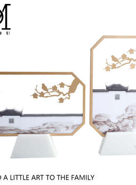 新中式客厅酒柜玄关大理石屏风摆件售楼处家具店展厅橱柜软装饰品