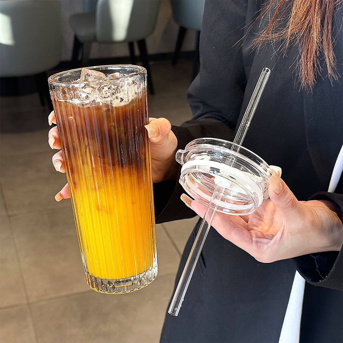 竖纹男女生玻璃杯大容量ins风带盖吸管杯居家办公果汁饮料咖啡l杯