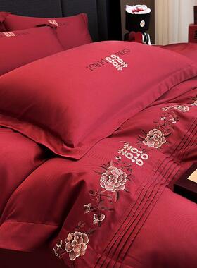 四新亲款肤喜高精密刺绣花婚庆件套新中ABI式复古红色婚礼字双人