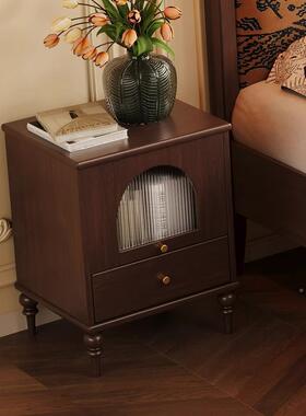 美式头法式柜复古黑色实木小柜子家用卧室床边收纳储柜S02#中物床