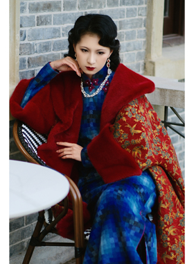 和无晓遇复古文艺风蓝色格纹长袖旗袍女秋冬保暖长款