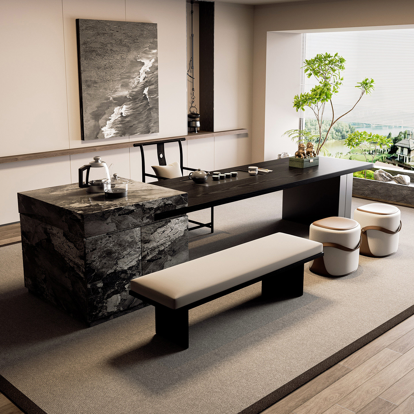 实木大板喝茶桌椅组合一桌五椅办公室接待茶台轻奢现代高级感