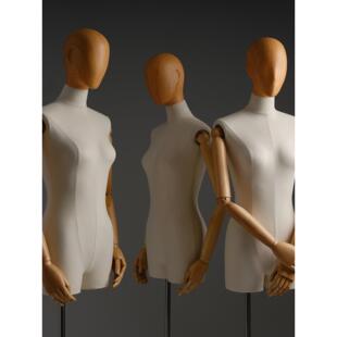 服装店女模特展示架全身人台木纹头带脸女半身假人偶橱窗陈列道具