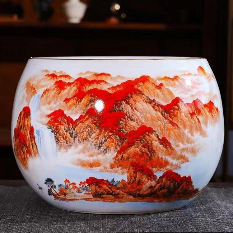 景德镇陶瓷器鸿运当头聚宝盆摆件中式家居饰品客厅玄关养鱼缸摆件
