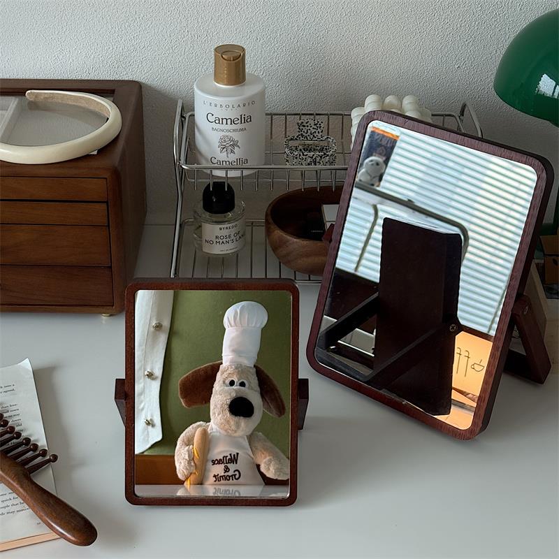 *漂亮的小姨妈*覆古实木折叠镜化妆镜家用桌面大号可折叠化妆镜子