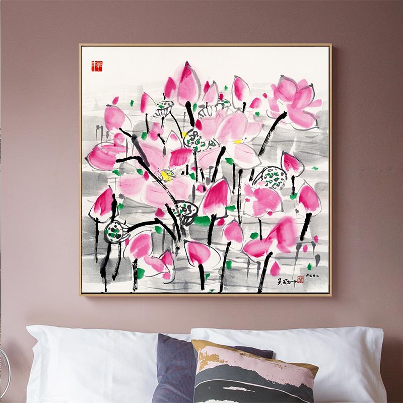 吴冠中水墨画新中式客厅装饰画饭厅抽象挂画玄关方形荷花中国风