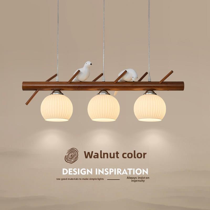 餐厅吊灯三头新中式覆古长条吧台灯餐桌饭厅灯胡桃色小鸟装饰灯具