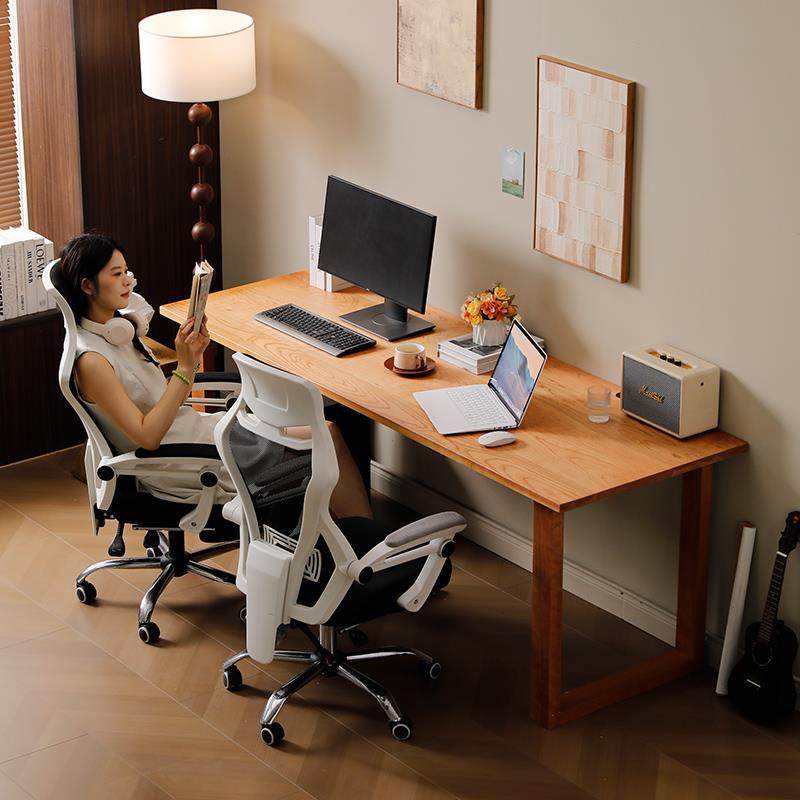 北美樱桃木双人电脑桌家用台式两人位电竞桌实木长条大书桌工作台