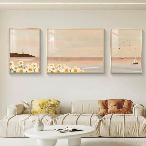 北欧风客厅装饰画唯美花海沙发背景墙挂画现代简约风景三联画壁画