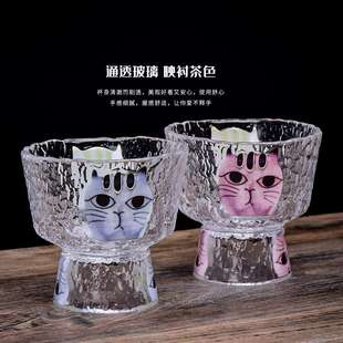 玻璃透明锤纹茶杯家用个性 创意日式 猫头玻璃茶杯防烫玻璃杯