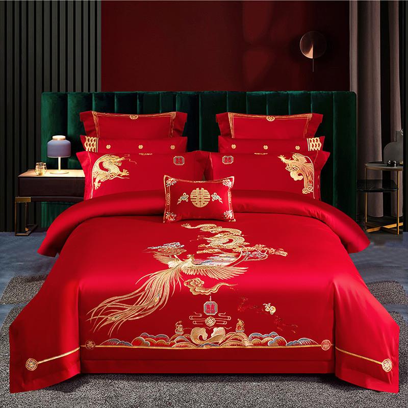高端婚庆四支件大套140纯棉件长MbH5XtyF绒棉刺绣红新婚嫁娶全棉