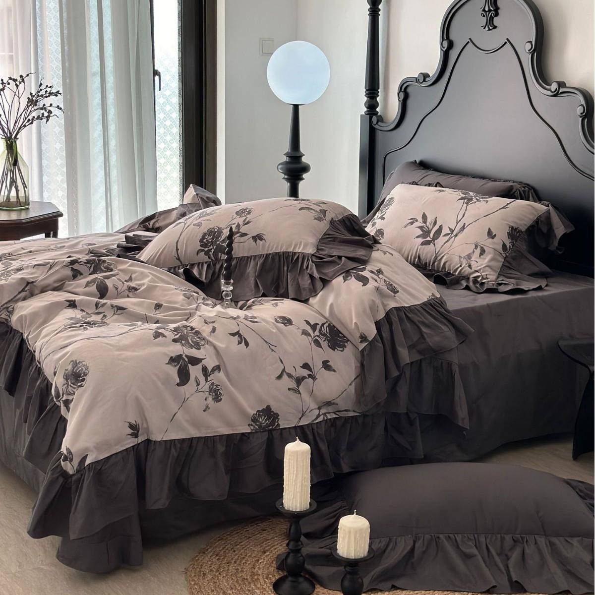 亲柔软裸睡长绒棉荷叶边古花复肤褶卉皱轻奢JM-15被套床单四件套