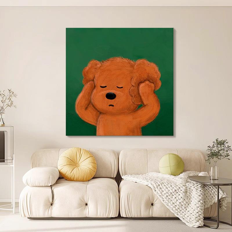 棕色小狗手绘油画绿色玄关方形挂画可爱动物客厅卧室装饰画肌理画图片