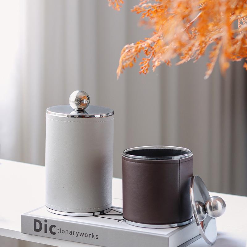 圆皮革圆形轻奢面文具收纳盒收纳珠罐妆化刷筒创意时尚567办公桌