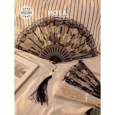 Mola.Stream。黑色蕾丝新中国风可达豪华折扇民族风格舞蹈折扇|锦