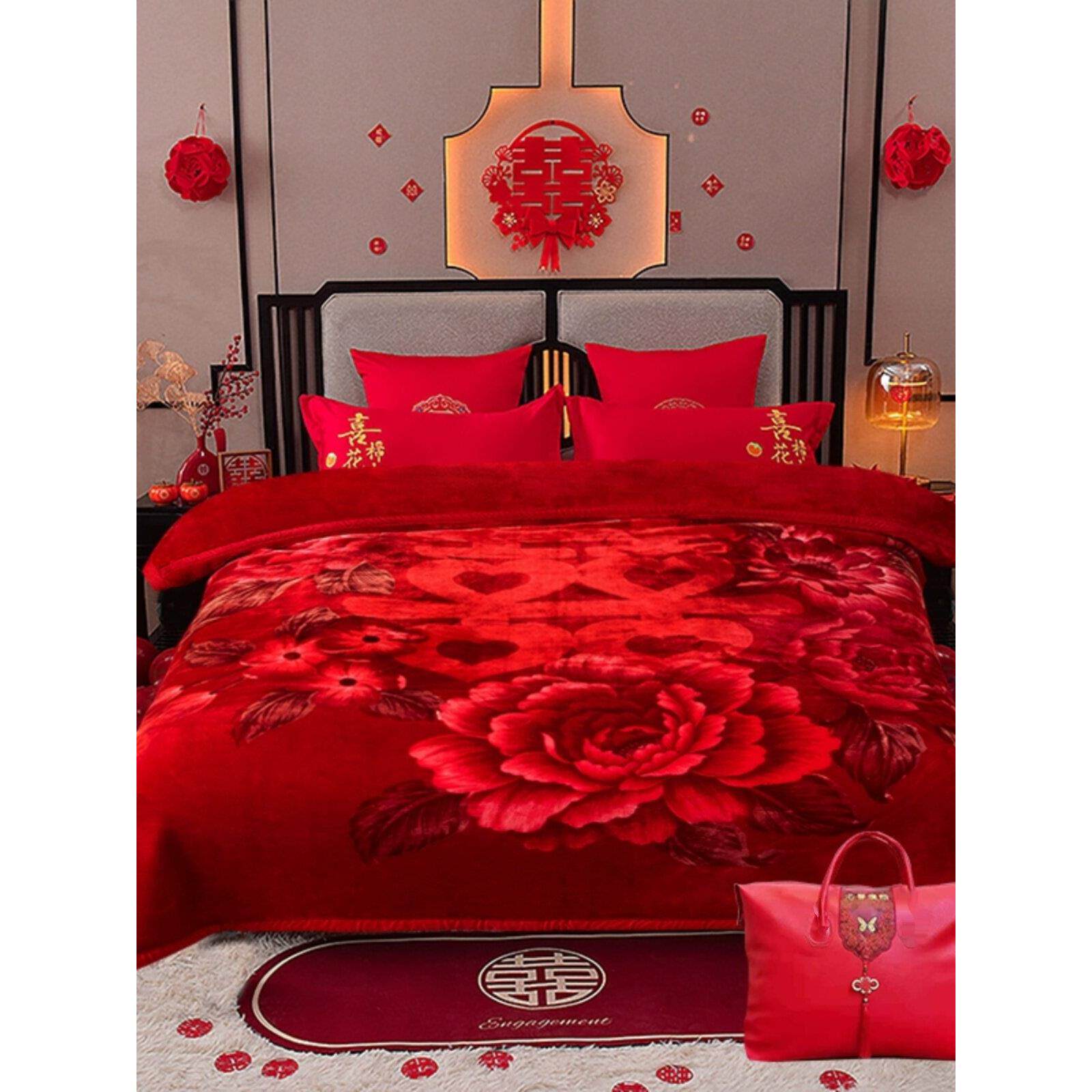 结婚陪嫁大红色婚庆毛毯加厚高级婚庆嫁娶双人盖毯珊瑚绒毛毯被子