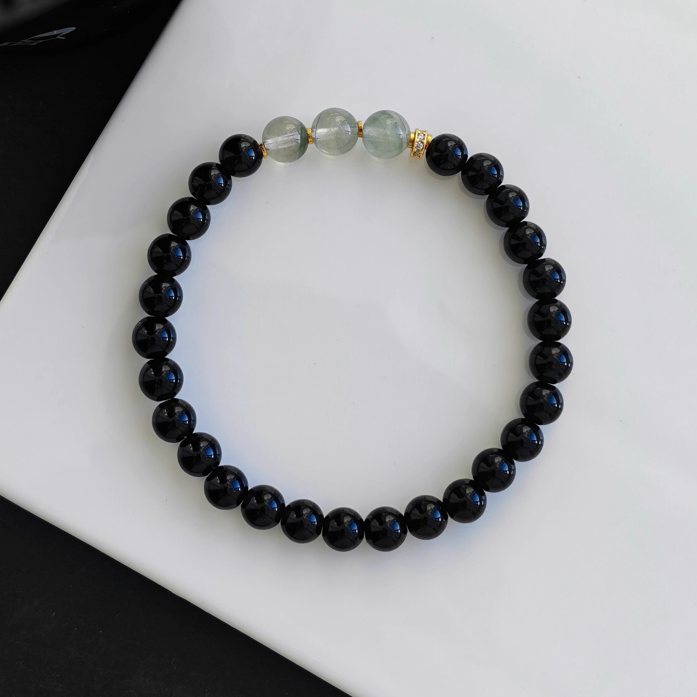 「耀灵」天然黑曜石绿幽灵手串女