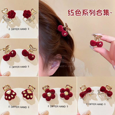 红色植绒蝴蝶结小抓夹